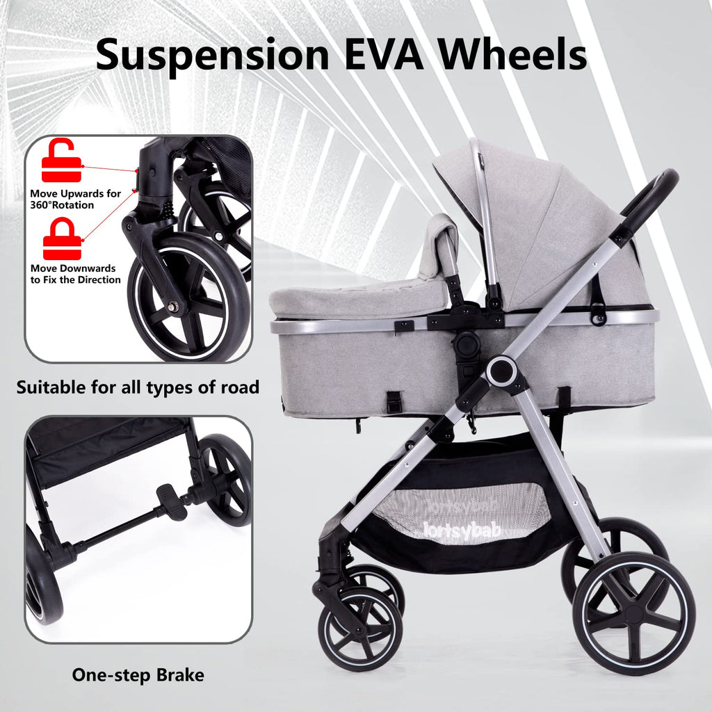 Lortsybab 2-in-1 Baby Stroller - Folding Infant Newborn Pram Stroller with Reversible Seat - Toddler Strollers for 0-36 Months Old Babies