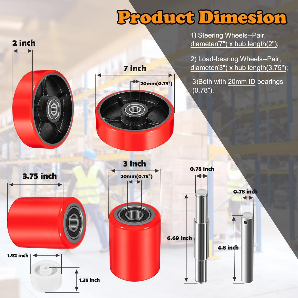 Pallet Jack/Truck Full Wheel Replacement Kit, Pair Steering Wheels (7"x 2"), Pair Front Load Roller(3" x 3.75"), with Pre-Installed Bearings, Axles, 20mm ID Poly Tread, Entry Rollers, Install Tool Kit