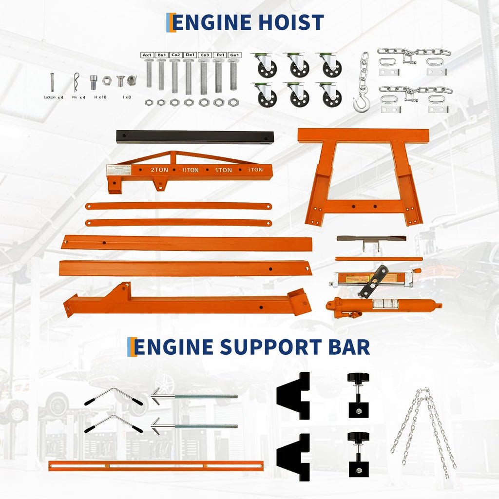 2-Ton Folding Engine Hoist Cherry Picker 4400 Lb Capacity Hydraulic Shop Crane with Telescoping Boom 6 Caster Wheels for Automotive Repair Garage Use Includes Hitch and Storage Stand Orange