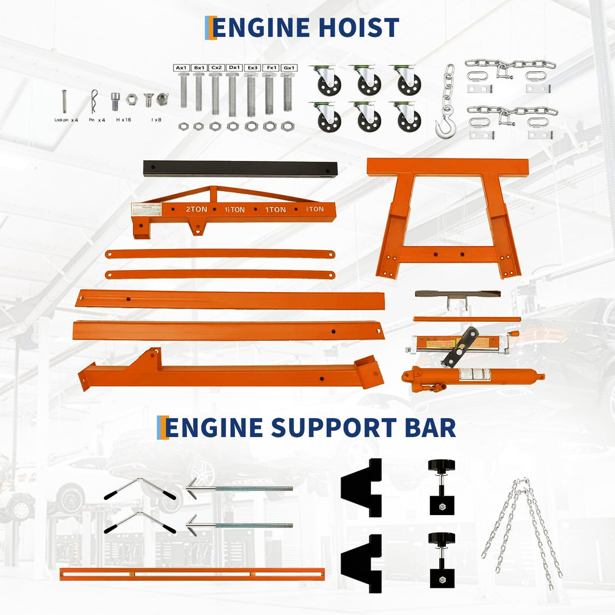 2-Ton Folding Engine Hoist Cherry Picker 4400 Lb Capacity Hydraulic Shop Crane with Telescoping Boom 6 Caster Wheels for Automotive Repair Garage Use Includes Hitch and Storage Stand Orange