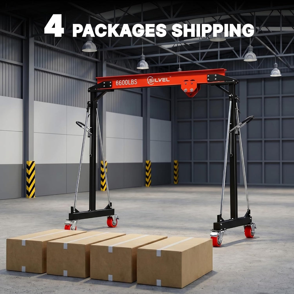 SILVEL 3 Ton Gantry Crane 6600LBS, Adjustable Height 8.53-12.47FT Heavy Duty Portable Engine Hoist with Steel I-Beam & Manual Trolley for Workshop, Garage, Warehouse,Red