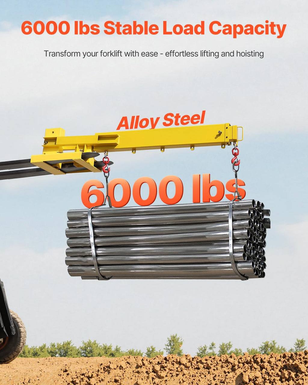 VEVOR Forklift Jib Boom Crane, 5500 lbs Capacity, Forklift Mobile Crane Lifting Hoist with 2 Hooks, Manual Telescopic 47.2-73.5 in, Boom Attachment Towing Handling Equipment for Warehouse & Factories
