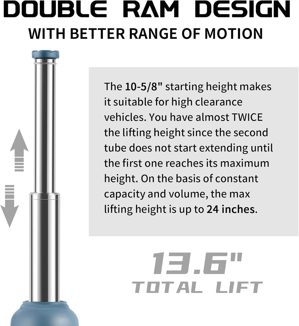 BAOSHISHAN 4 Ton Double Ram Bottle Jack 10.43" to 24" Lift Range