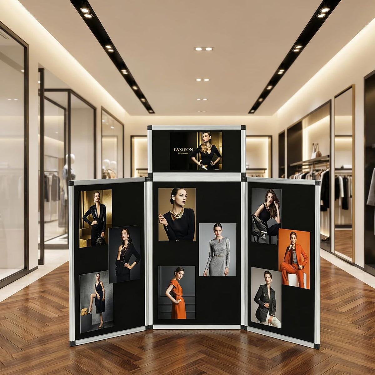 LITTLE TREE 3+1 Panel Trade Show Presentation Board, 70.8" x 35.4" Portable Panel Display, Folding Exhibition Boards Double Sided Tabletop Display Black Hook & Loop-Receptive Fabric with Bag