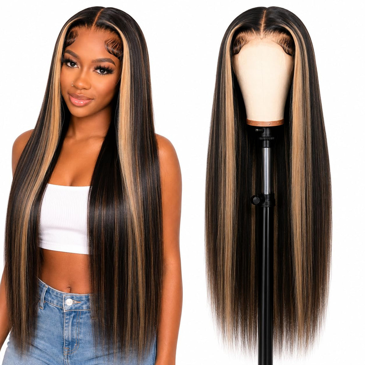 13x6 Ombre Lace Front Wig Human Hair 28IN 180Density Highlight Straight Wig