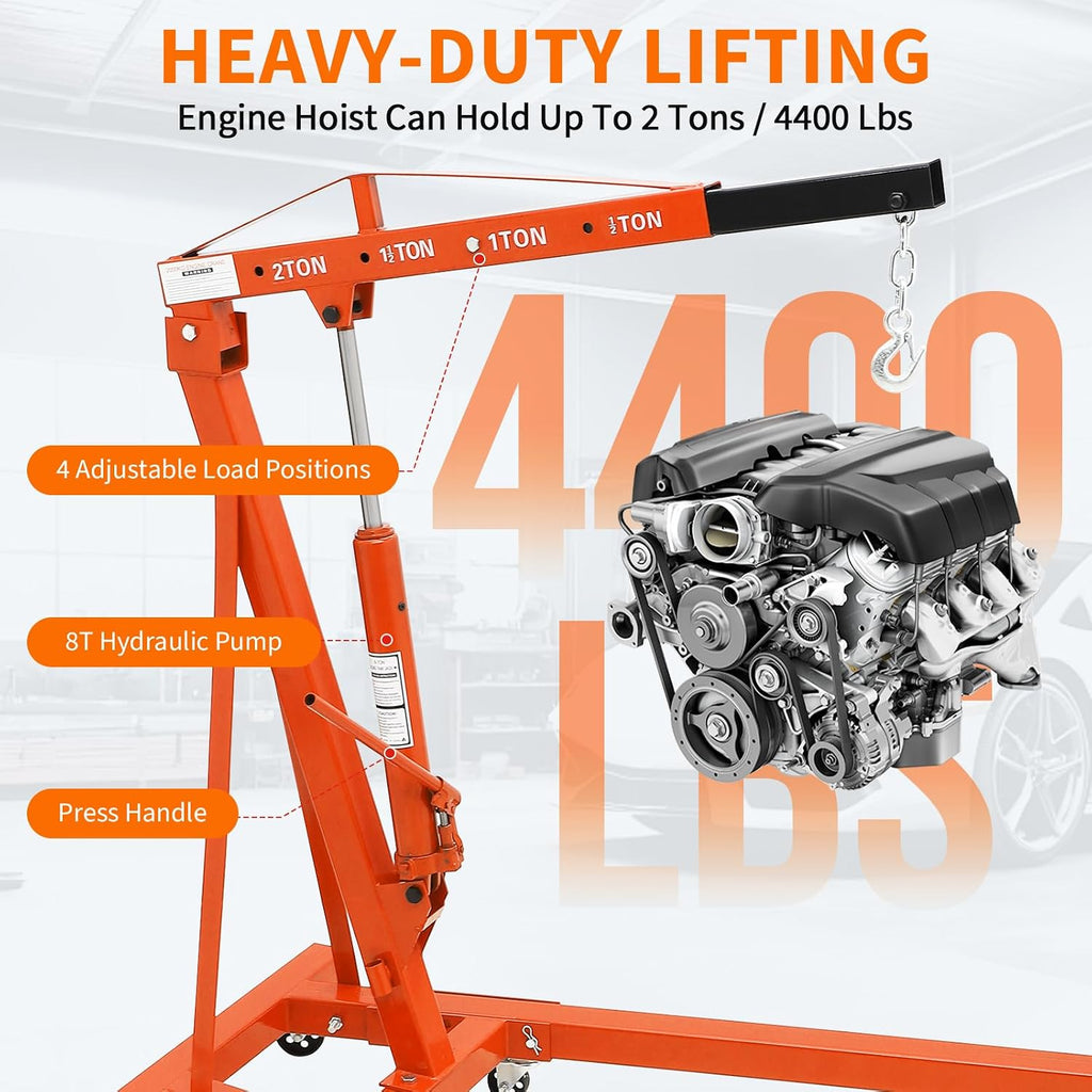 2-Ton Folding Engine Hoist Cherry Picker 4400 Lb Capacity Hydraulic Shop Crane with Telescoping Boom 6 Caster Wheels for Automotive Repair Garage Use Includes Hitch and Storage Stand Orange