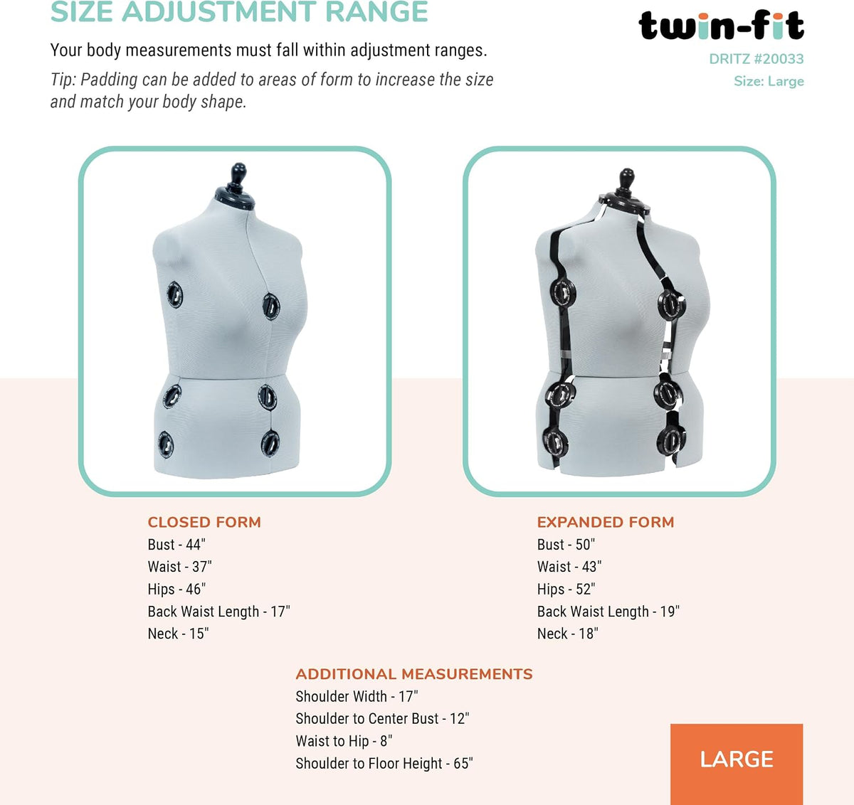 Dritz Twin-Fit Adjustable Dress Form, Large Sizes US 18-22