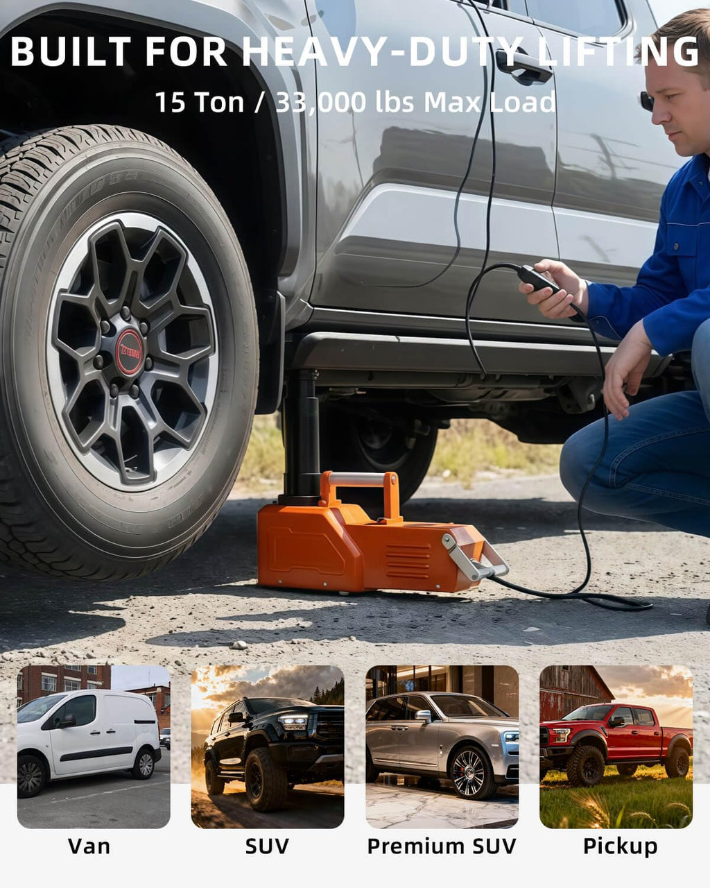 Electric Car Jack, 5 Ton Hydraulic Floor Jack with Electric Impact Wrench, Tire Inflator & LED Light, Lift Range 6.1-17.7 Inch, Emergency Roadside Tire Changing Kit for SUV Sedan Truck
