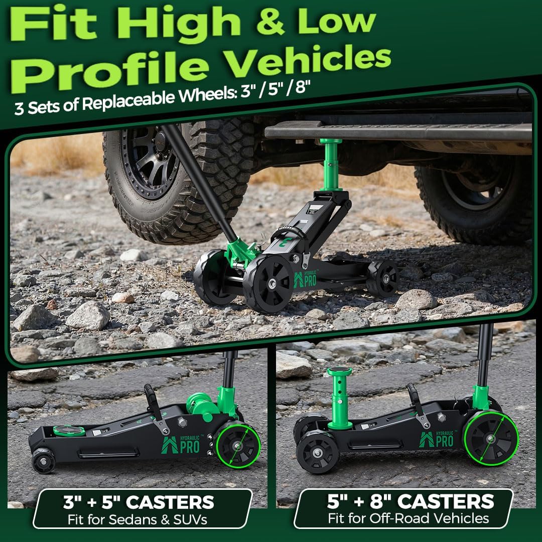 Off-Road Jack 3 Ton, Aluminum Floor Jack with 3 Replaceable Wheel Sizes