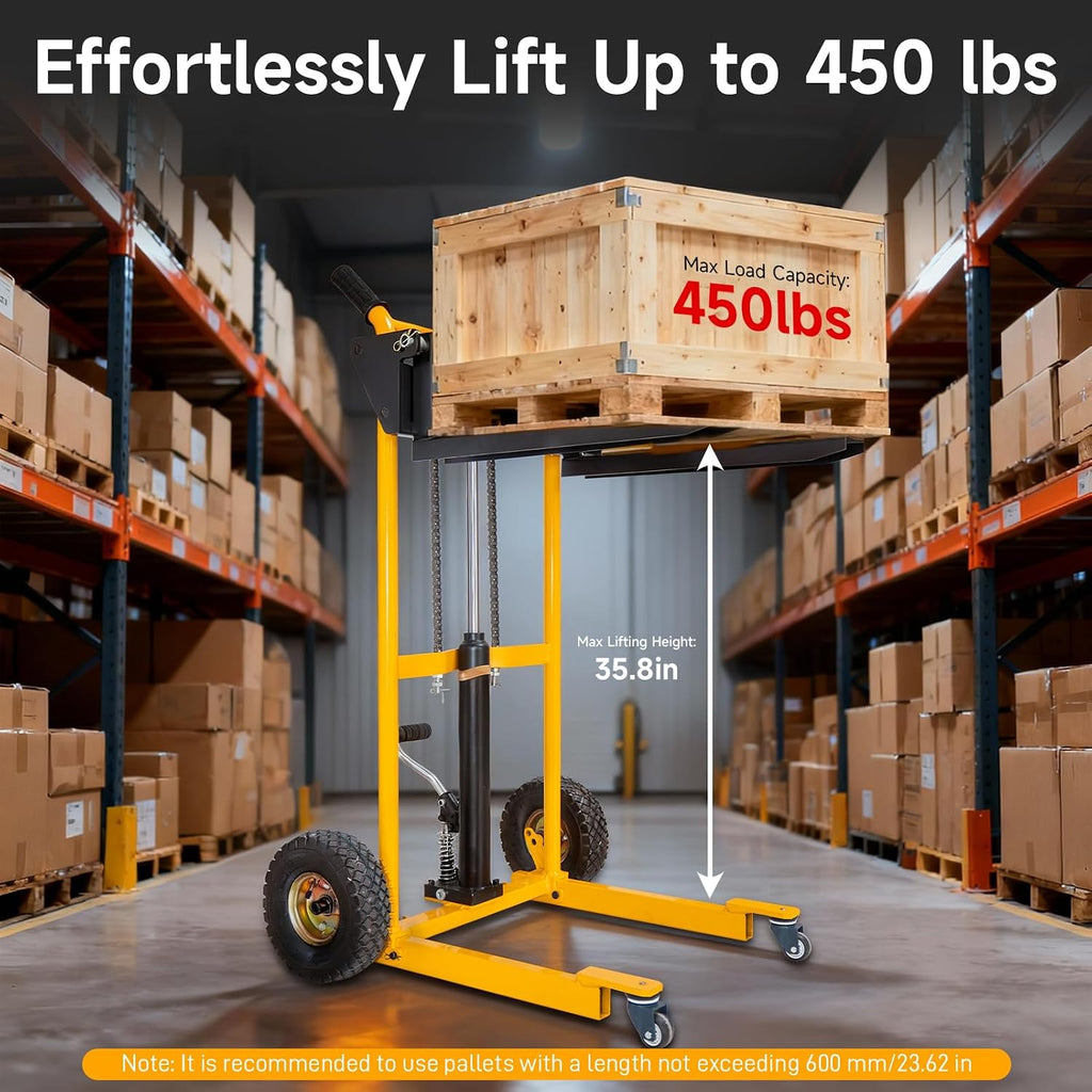 MMS Foldable Hydraulic Material Lift Winch Stacker, 450 Lbs 35.8" Max Lift w/ 9" Wheels 360Â° Swivel Casters, Pallet Truck Dolly, Fork Lift Table Cart, Pallet Jack, Removable Platform, Adjustable Forks