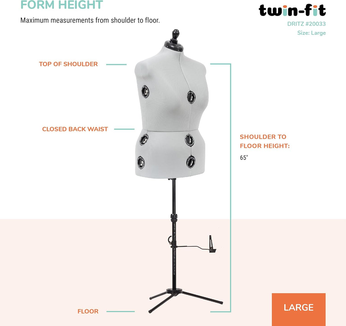 Dritz Twin-Fit Adjustable Dress Form, Large Sizes US 18-22