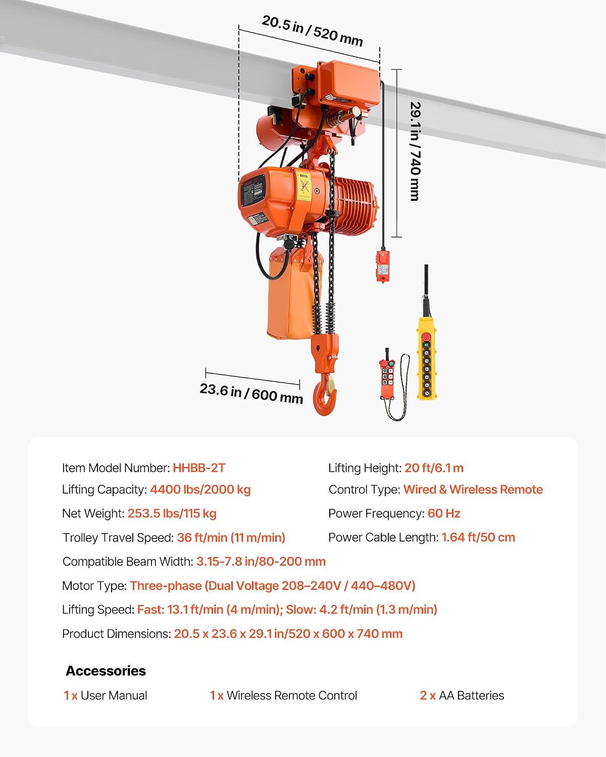 VEVOR 4400lbs Electric Chain Hoist with Power Trolley, 2-Speed Operation, 20ft Lifting Height, 3-Phase 208-240V/440-480V Overhead Crane w/ 328ft Wireless & 16ft Wired Remote Control G100 2-Chain Hoist