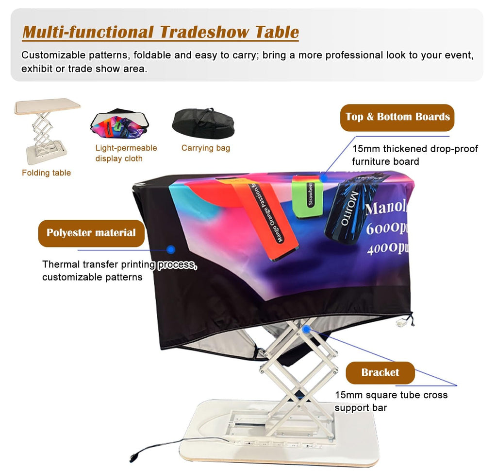 Lifting Podium Table Tradeshow Counter with LED Light, Customize Display Exhibition Vendor Event Desk, Portable Foldable Promotion Counter Stand(Rectangular,3pcs)