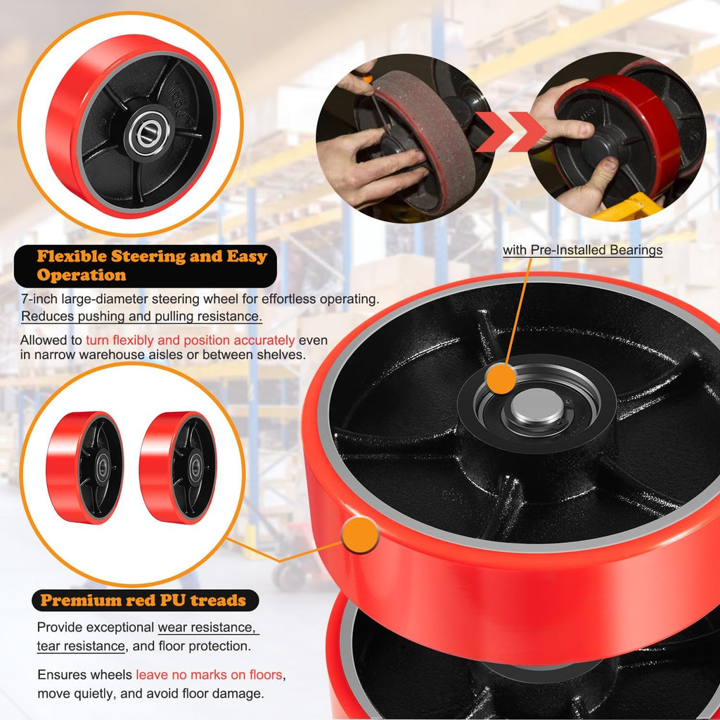 Pallet Jack/Truck Full Wheel Replacement Kit, Pair Steering Wheels (7"x 2"), Pair Front Load Roller(3" x 3.75"), with Pre-Installed Bearings, Axles, 20mm ID Poly Tread, Entry Rollers, Install Tool Kit