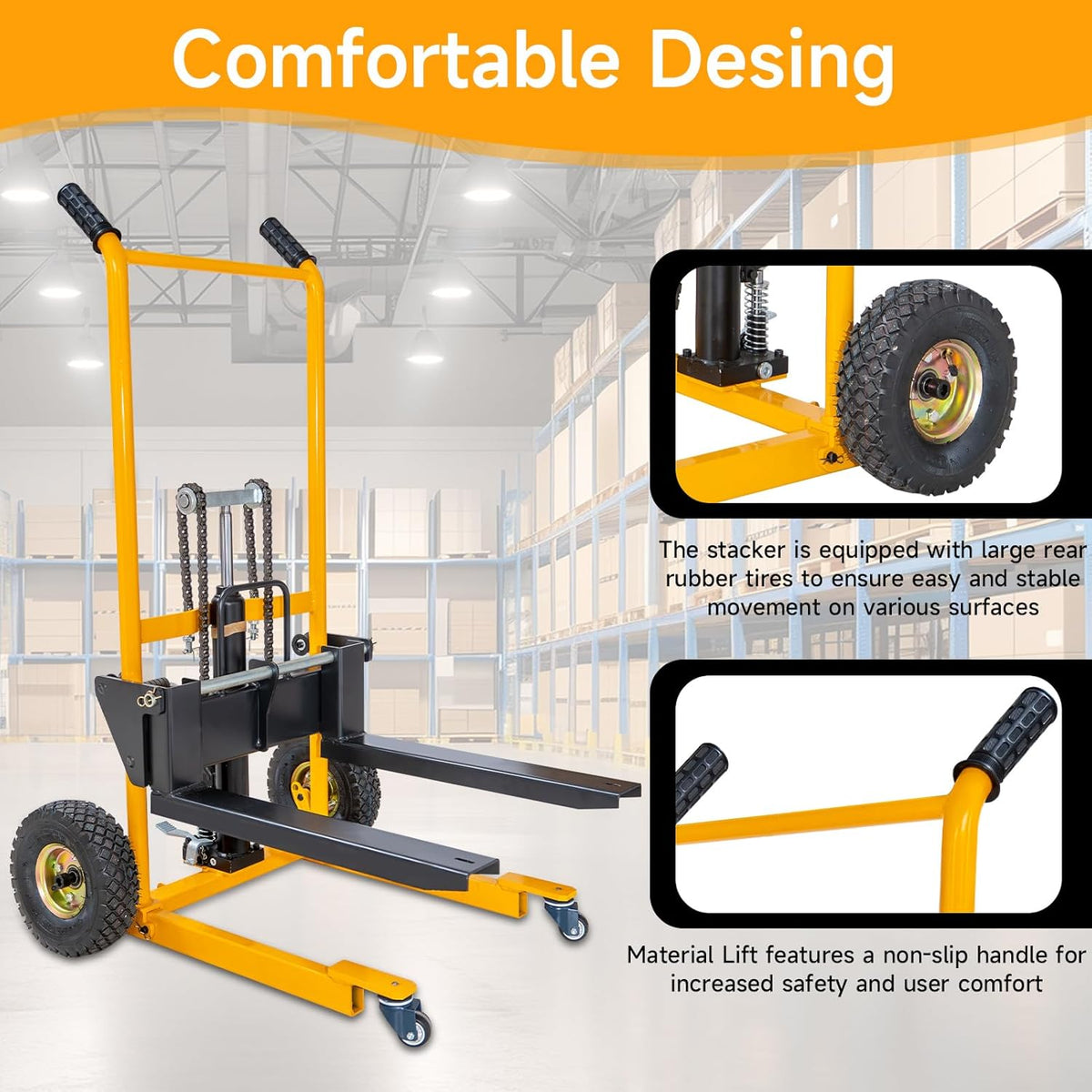 MMS Foldable Hydraulic Material Lift Winch Stacker, 450 Lbs 35.8" Max Lift w/ 9" Wheels 360Â° Swivel Casters, Pallet Truck Dolly, Fork Lift Table Cart, Pallet Jack, Removable Platform, Adjustable Forks