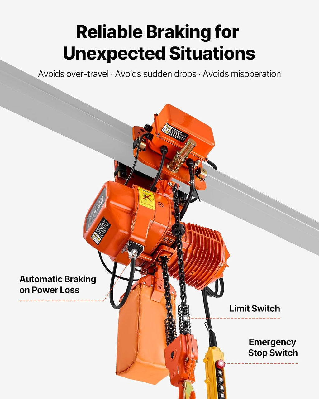 VEVOR 4400lbs Electric Chain Hoist with Power Trolley, 2-Speed Operation, 20ft Lifting Height, 3-Phase 208-240V/440-480V Overhead Crane w/ 328ft Wireless & 16ft Wired Remote Control G100 2-Chain Hoist
