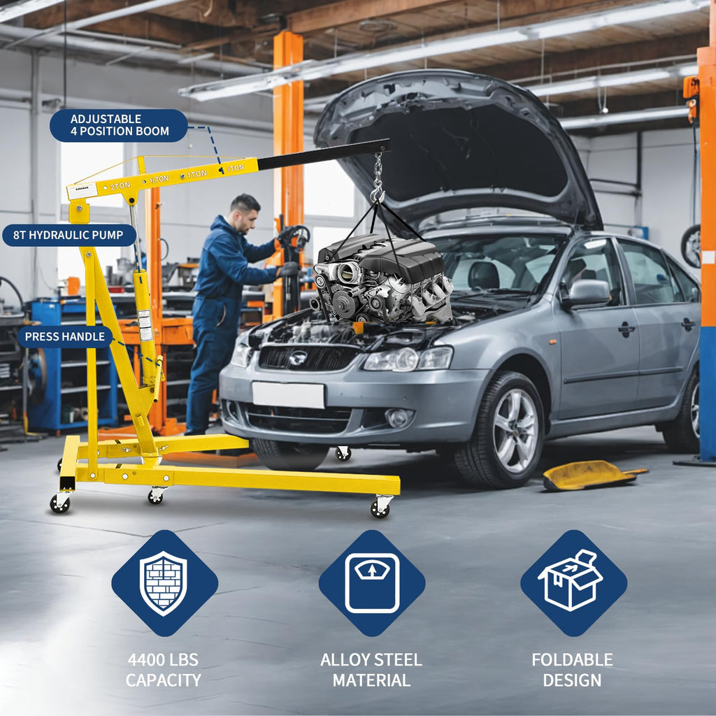 2-Ton Folding Engine Hoist Cherry Picker 4400 Lb Capacity Hydraulic Shop Crane with Telescoping Boom 6 Caster Wheels for Automotive Repair Garage Use Includes Hitch and Storage Stand Orange