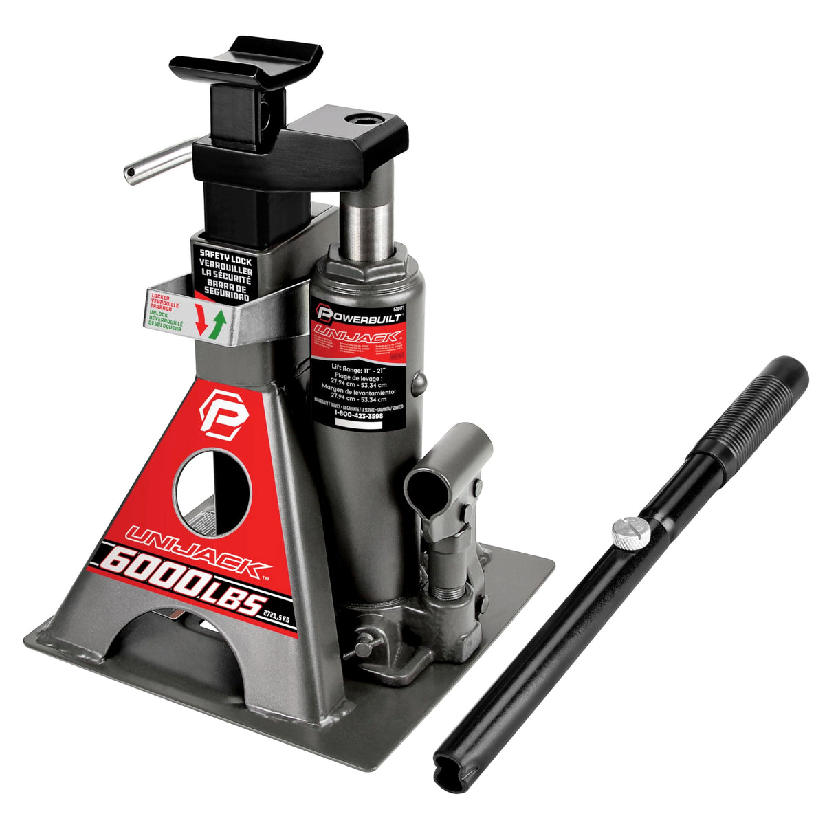 Powerbuilt 2 Ton UniJack Combination Hydraulic Bottle Jack / Jackstand in 1 Unit, Compact, Portable, Wide Base, for Unibody Sedans, CUVs, SUVs, Cars, - 620470
