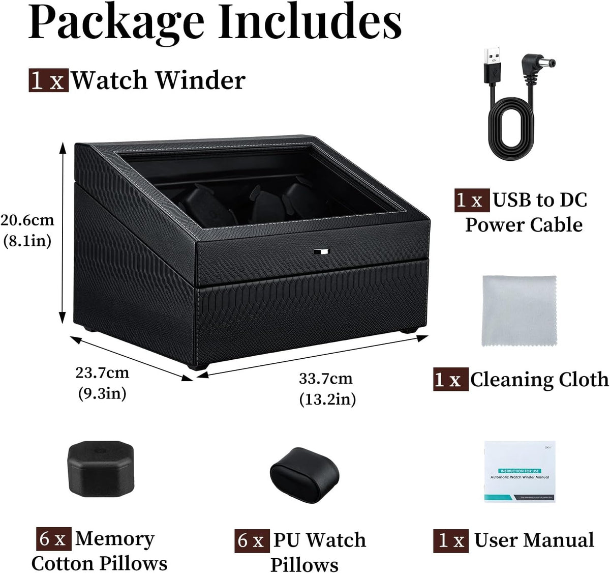 Mcbazel Watch Winder for Automatic Watches, 6 Watch Winder + 6 Storage Case, Watches Winder Box with Super Quiet Motor, Blue LED Light, Memory Foam Pillows, Gift for Men & Women - Black