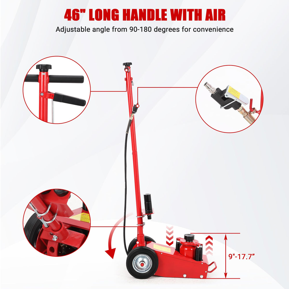 GarveeTech 22 Ton Air Hydraulic Floor Jack for Heavy Duty Trucks & Tractors â Low Profile (9"-17.7"), 4 Adapters, 46" Adjustable Handle â 44,000 Lbs Capacity