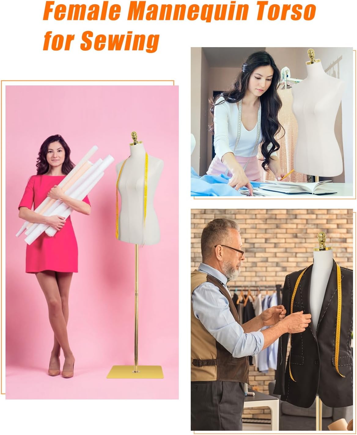 Mannequin Torso Dress Form 40.55-73.23 Inch Height Adjustable Female Model Display Mannequin Body with Metal Bracket and Rectangular Base for Sewing Dressmakers Dress Jewelry Display, Beige