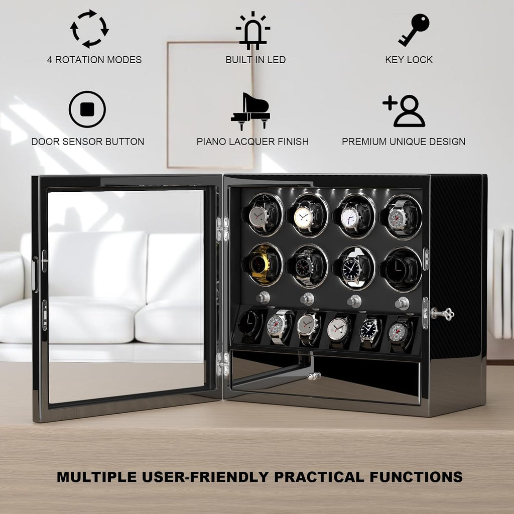 DUKWIN Watch Winder for Automatic Watches, Lockable Watch Winders with Watch and Jewelry Storages, Super Quiet Mabuchi Motor with High-Gloss Piano Lacquer Finish,Built-in Illumination