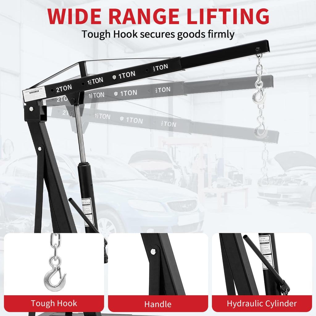 2-Ton Folding Engine Hoist Cherry Picker 4400 Lb Capacity Hydraulic Shop Crane with Telescoping Boom 6 Caster Wheels for Automotive Repair Garage Use Includes Hitch and Storage Stand Orange