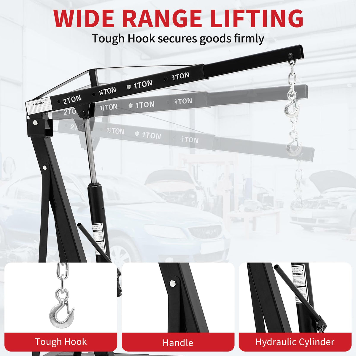 2-Ton Folding Engine Hoist Cherry Picker 4400 Lb Capacity Hydraulic Shop Crane with Telescoping Boom 6 Caster Wheels for Automotive Repair Garage Use Includes Hitch and Storage Stand Orange