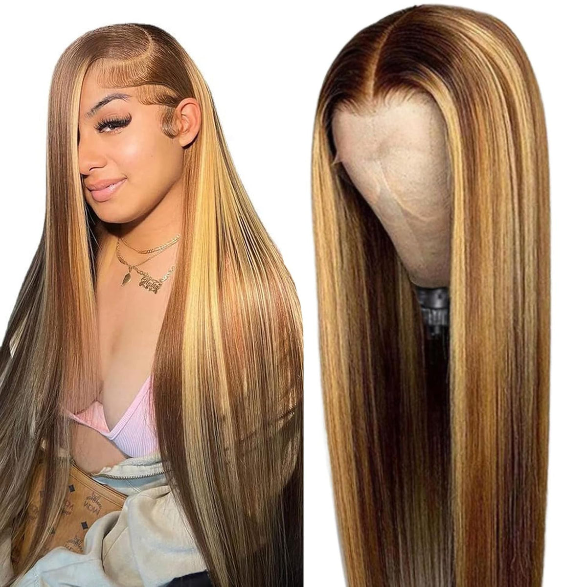 13x6 Ombre Lace Front Wig Human Hair 28IN 180Density Highlight Straight Wig