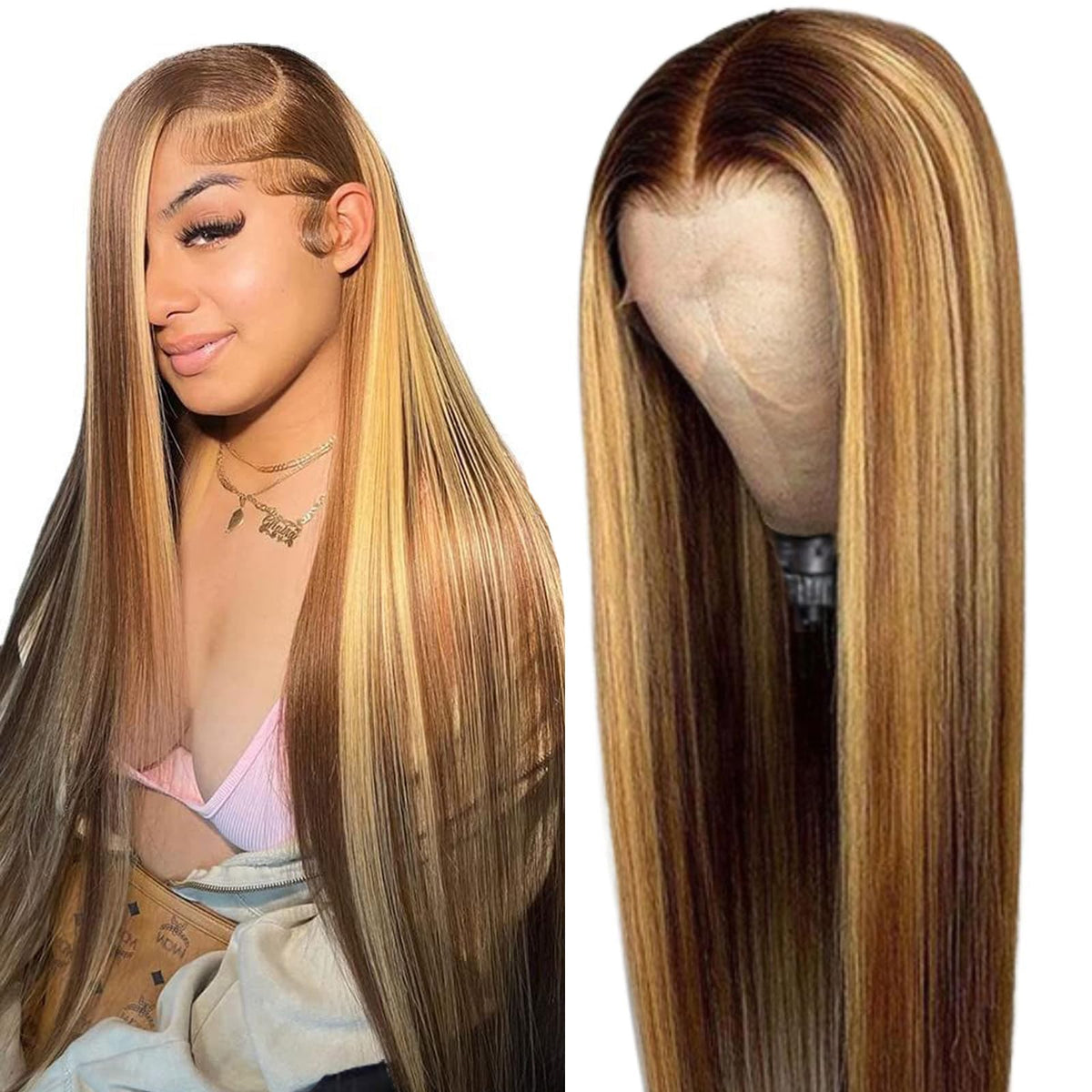 13x6 Ombre Lace Front Wig Human Hair 28IN 180Density Highlight Straight Wig