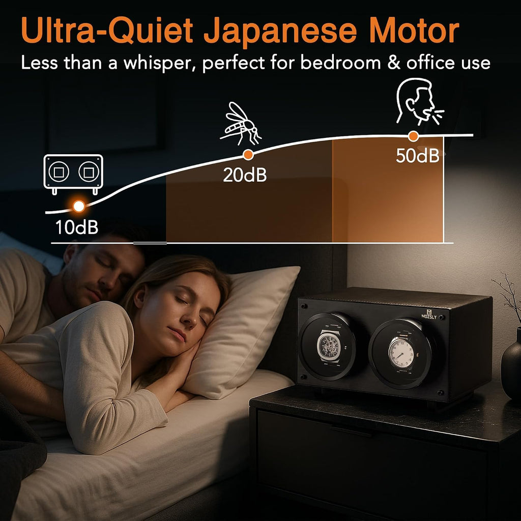 MOZSLY Double Watch Winder for Automatic Watches with Quiet Motor 12 Rotation Mode Setting AC Adapter or Battery Powered PU Leather
