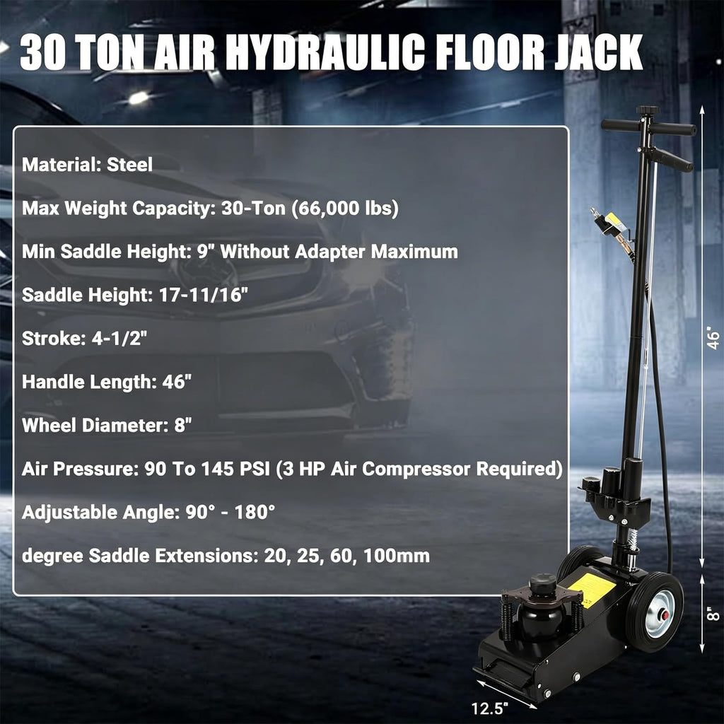 GarveeTech 22 Ton Air Hydraulic Floor Jack for Heavy Duty Trucks & Tractors â Low Profile (9"-17.7"), 4 Adapters, 46" Adjustable Handle â 44,000 Lbs Capacity
