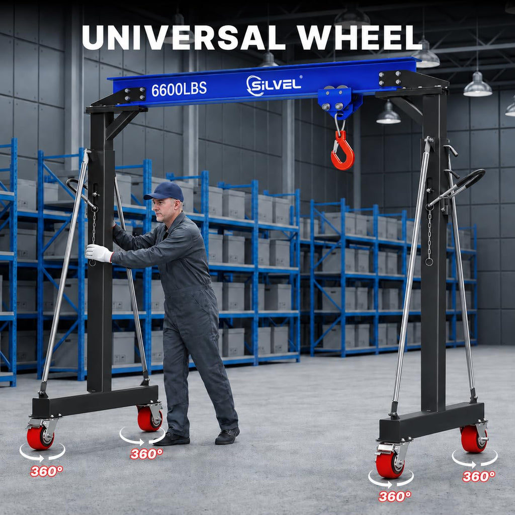 SILVEL 3 Ton Gantry Crane 6600LBS, Adjustable Height 8.53-12.47FT Heavy Duty Portable Engine Hoist with Steel I-Beam & Manual Trolley for Workshop, Garage, Warehouse,Red