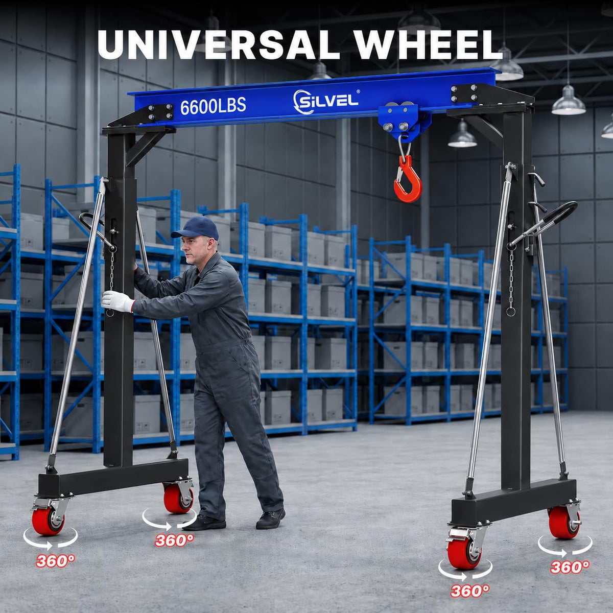SILVEL 3 Ton Gantry Crane 6600LBS, Adjustable Height 8.53-12.47FT Heavy Duty Portable Engine Hoist with Steel I-Beam & Manual Trolley for Workshop, Garage, Warehouse,Red