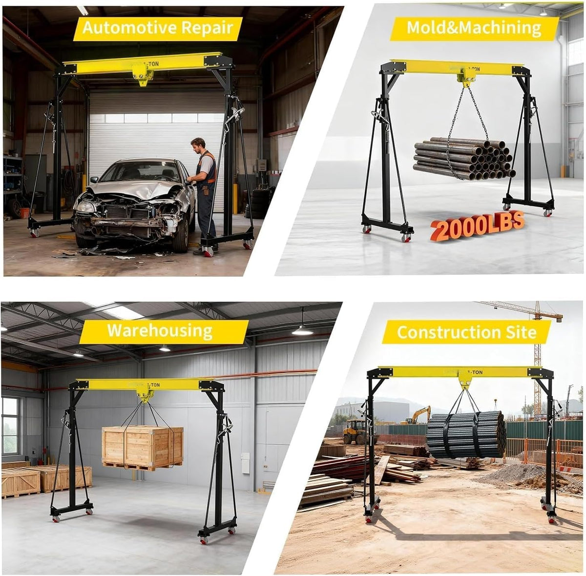 1 Ton Gantry Crane, 8-12FT, 2200LBS, Manual Trolley