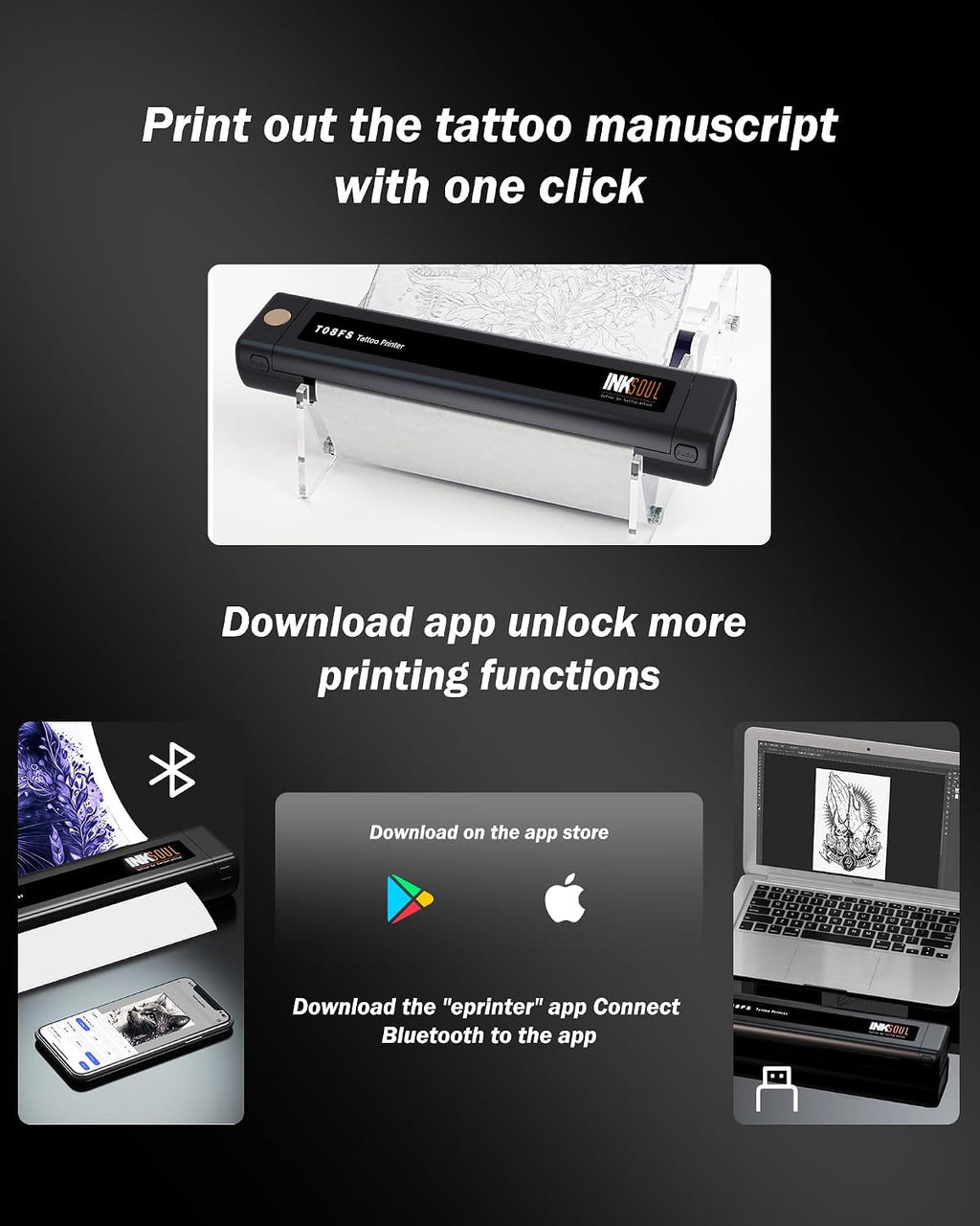 INKSOUL T08FS Wireless Tattoo Transfer Stencil Printer with 5pcs Tattoo Transfer Papers Can Print Shadows Portable Tattoo Machine for Artist & Beginners, Compatible with Phones, Tablets & PC