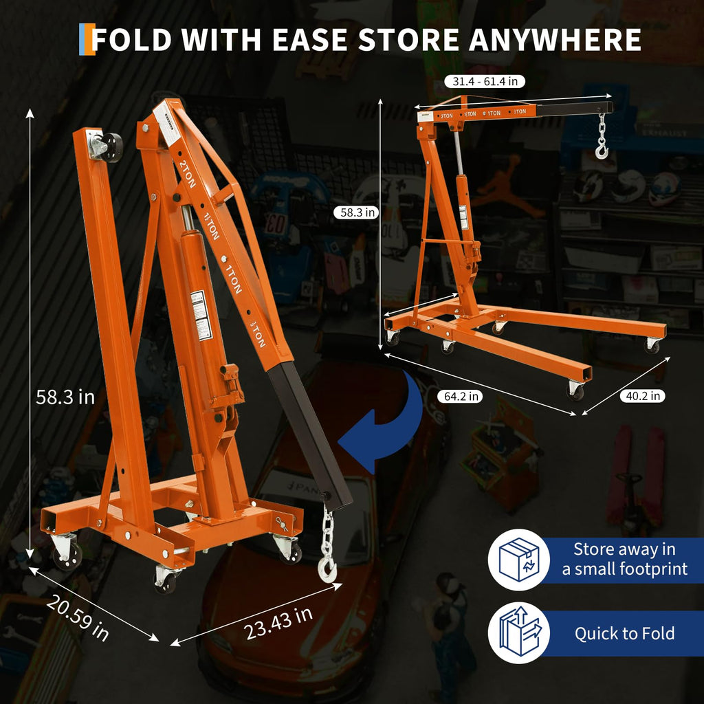 2-Ton Folding Engine Hoist Cherry Picker 4400 Lb Capacity Hydraulic Shop Crane with Telescoping Boom 6 Caster Wheels for Automotive Repair Garage Use Includes Hitch and Storage Stand Orange