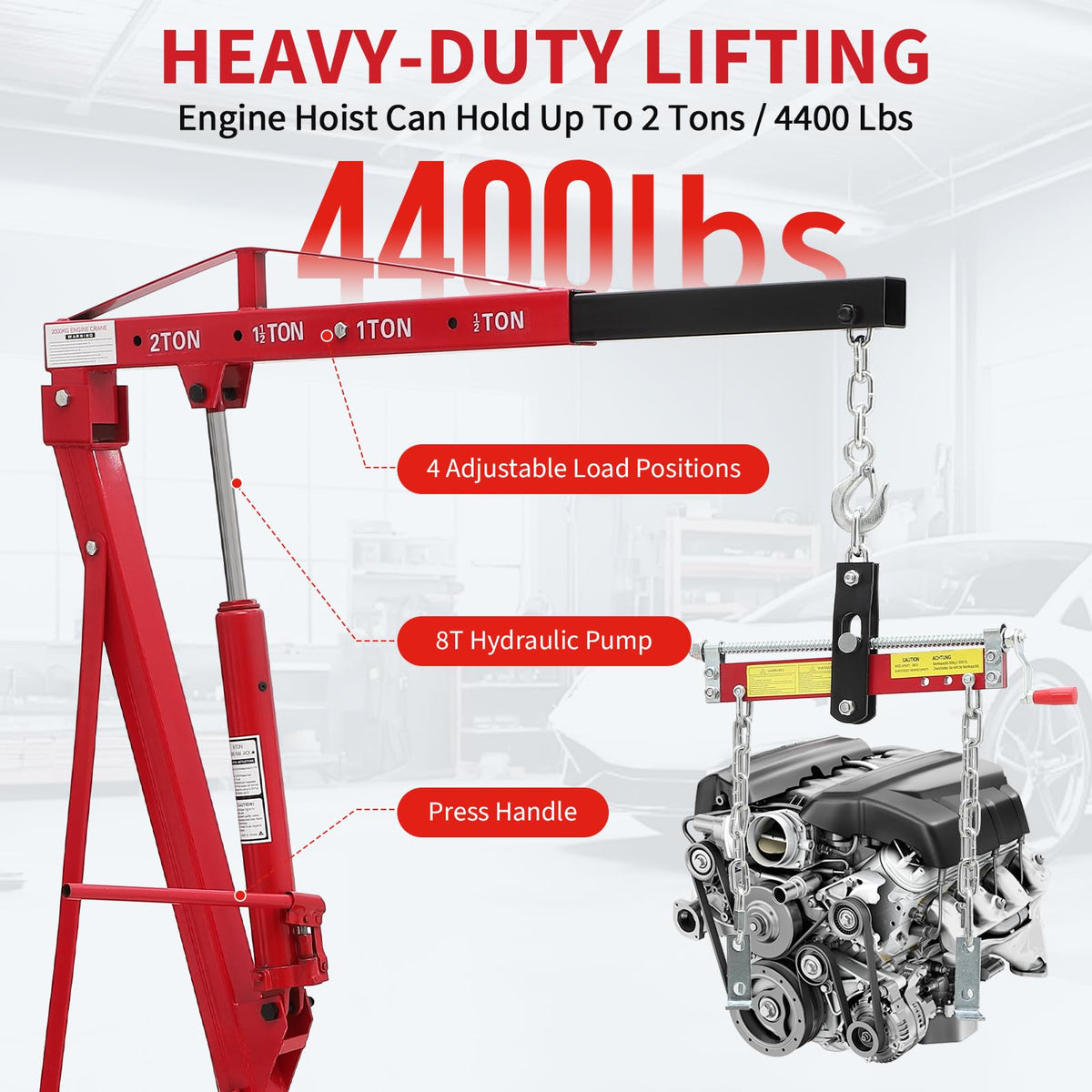 2-Ton Folding Engine Hoist Cherry Picker 4400 Lb Capacity Hydraulic Shop Crane with Telescoping Boom 6 Caster Wheels for Automotive Repair Garage Use Includes Hitch and Storage Stand Orange