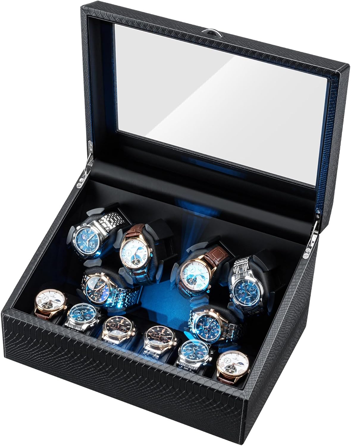 Mcbazel Watch Winder for Automatic Watches, 6 Watch Winder + 6 Storage Case, Watches Winder Box with Super Quiet Motor, Blue LED Light, Memory Foam Pillows, Gift for Men & Women - Black