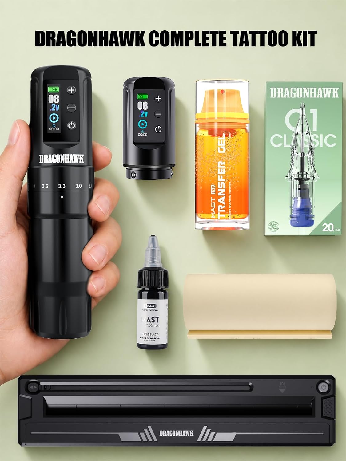 Dragonhawk Atom2 Pro Wireless Tattoo Kit with A4 Thermal Stencil Printer