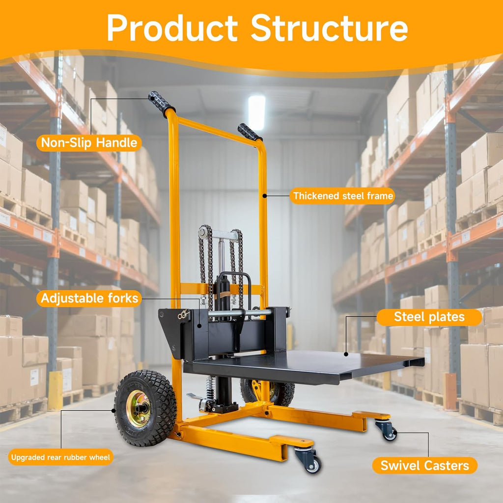 MMS Foldable Hydraulic Material Lift Winch Stacker, 450 Lbs 35.8" Max Lift w/ 9" Wheels 360Â° Swivel Casters, Pallet Truck Dolly, Fork Lift Table Cart, Pallet Jack, Removable Platform, Adjustable Forks