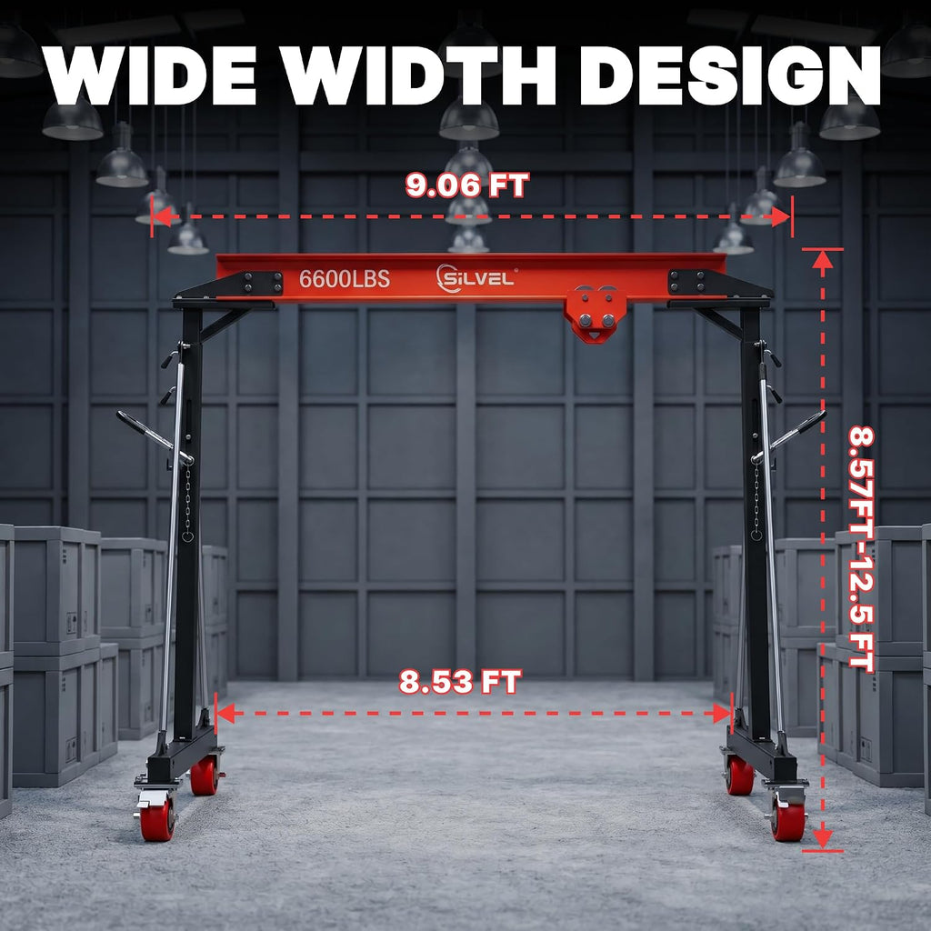 SILVEL 3 Ton Gantry Crane 6600LBS, Adjustable Height 8.53-12.47FT Heavy Duty Portable Engine Hoist with Steel I-Beam & Manual Trolley for Workshop, Garage, Warehouse,Red