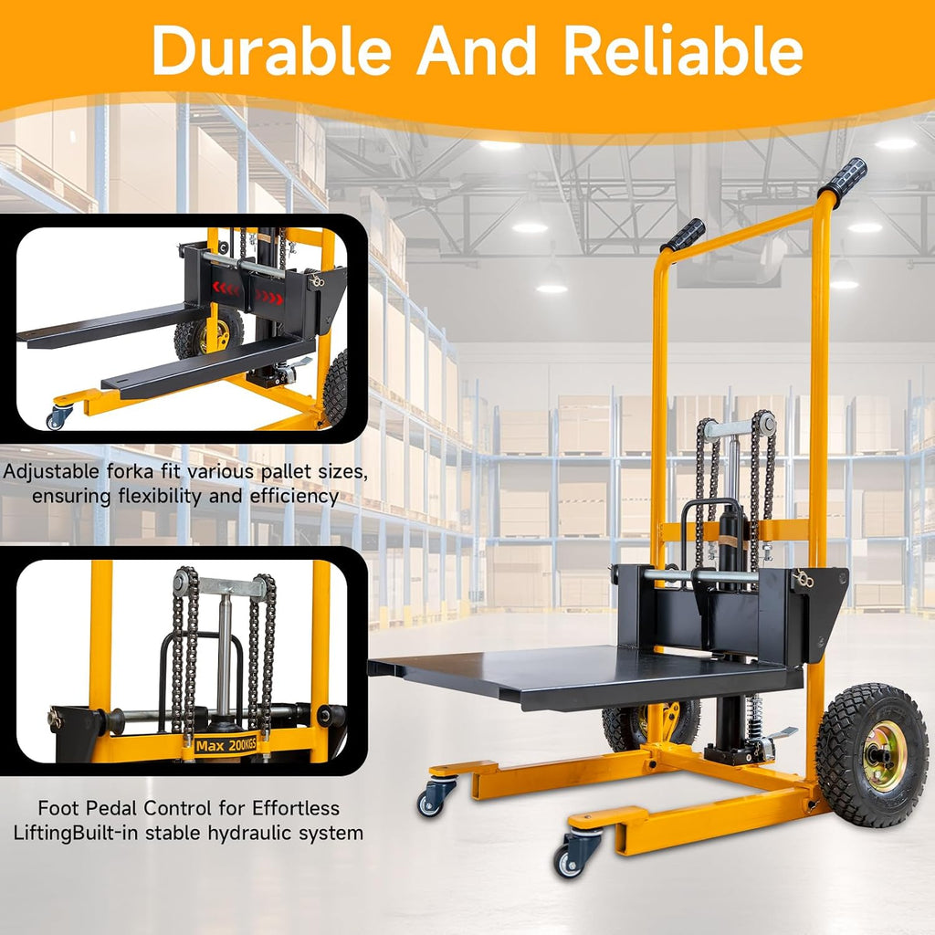 MMS Foldable Hydraulic Material Lift Winch Stacker, 450 Lbs 35.8" Max Lift w/ 9" Wheels 360Â° Swivel Casters, Pallet Truck Dolly, Fork Lift Table Cart, Pallet Jack, Removable Platform, Adjustable Forks