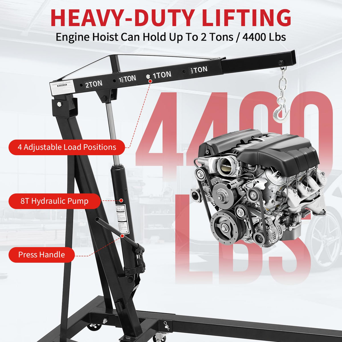 2-Ton Folding Engine Hoist Cherry Picker 4400 Lb Capacity Hydraulic Shop Crane with Telescoping Boom 6 Caster Wheels for Automotive Repair Garage Use Includes Hitch and Storage Stand Orange