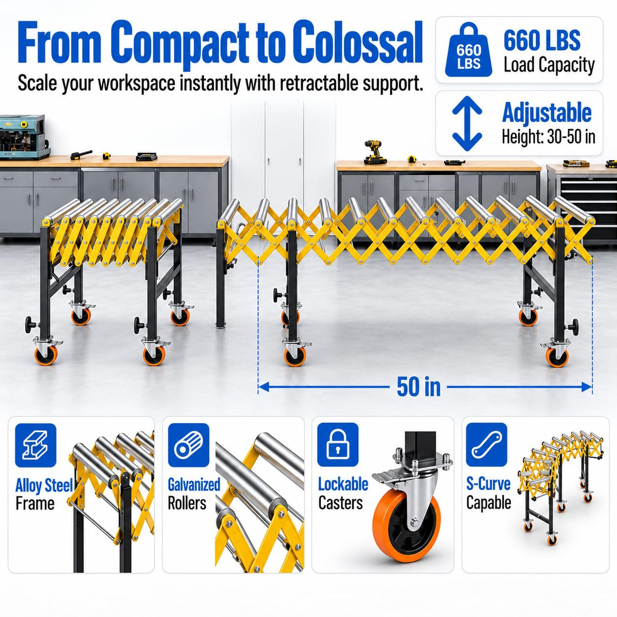 660 LBS Roller Conveyor Table, Expandable Adjustable Conveyor Rollers Stand