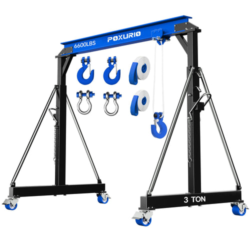 3T Gantry Crane, 6600LBS Adjustable Height 8.53-12.47FT Width 9.06FT, Steel I-Beam Construction with Manual Trolley, Hook & Shackles, Portable Shop Hoist for Garage, Factory, Warehouse, Black