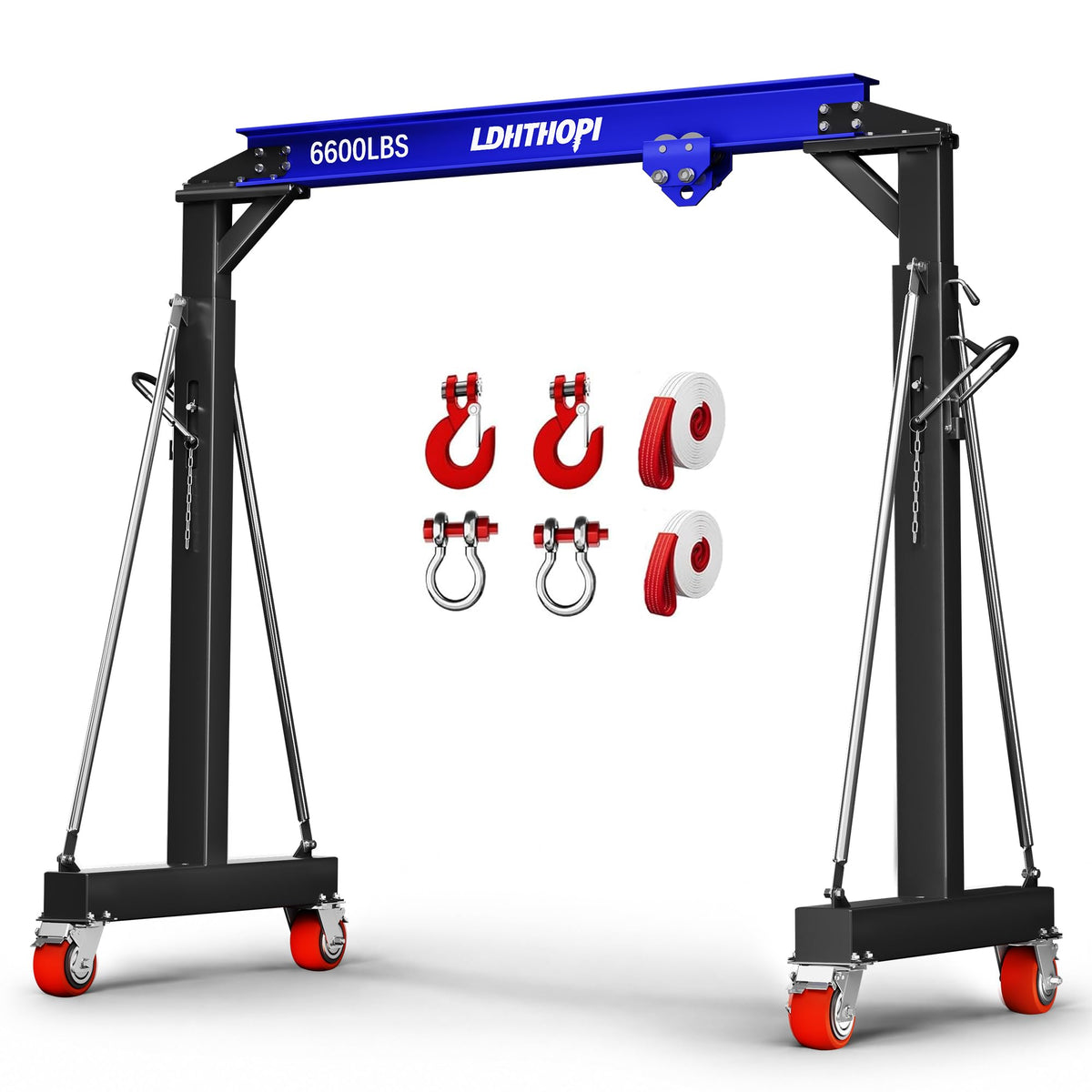 LDHTHOPI 3 Ton Gantry Crane, 6600LBS Adjustable Height 8.53 to 12.47ft with Triangle Base, Portable I-Beam Hoist for Factory, Warehouse, Auto Repair & Construction,Red