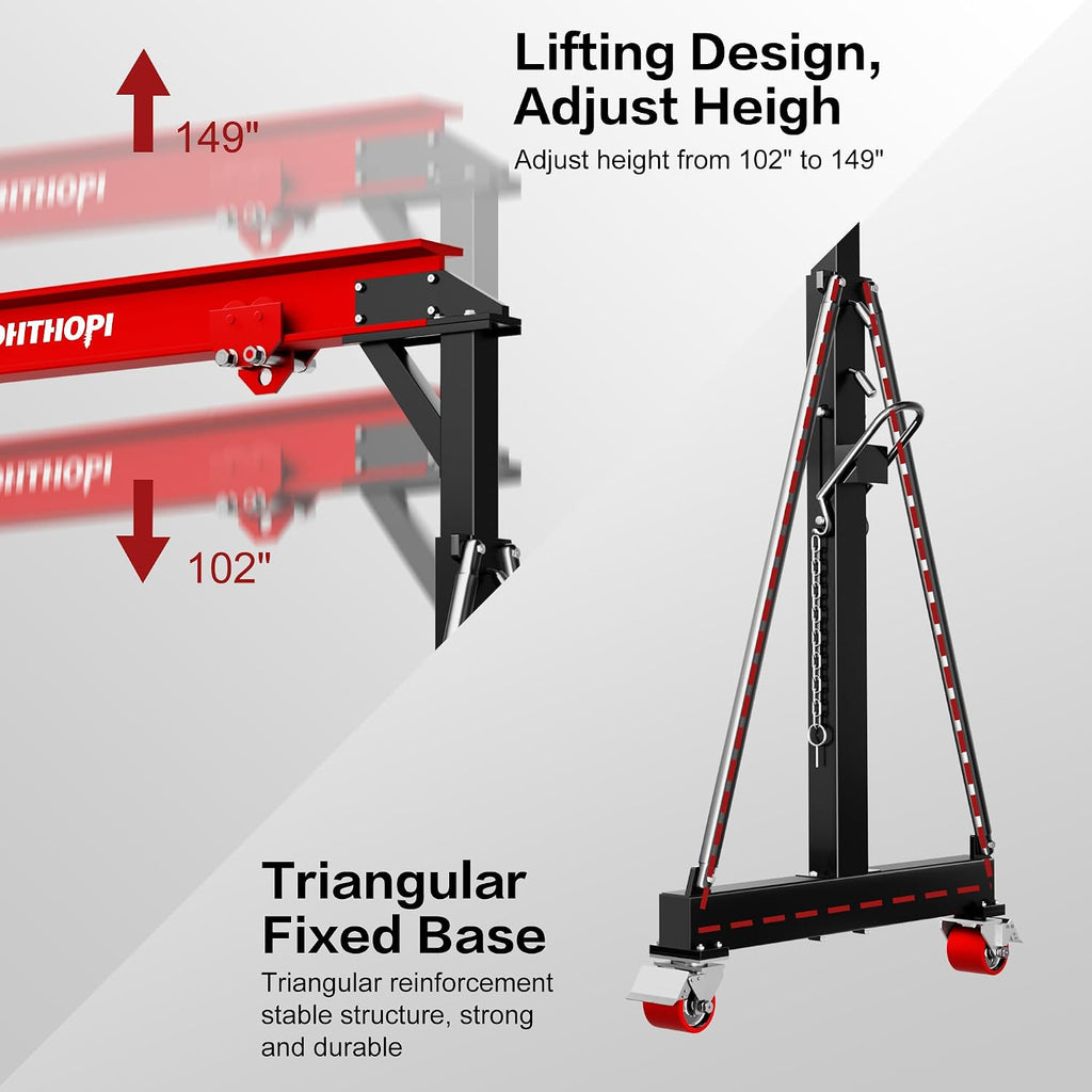 LDHTHOPI 3 Ton Gantry Crane, 6600LBS Adjustable Gantry Crane with 8.53-12.47ft Height, Shop Lift Hoist with Manual Trolley, Hook & Shackles for Warehouse, Factory,Auto Repair & Construction, Red