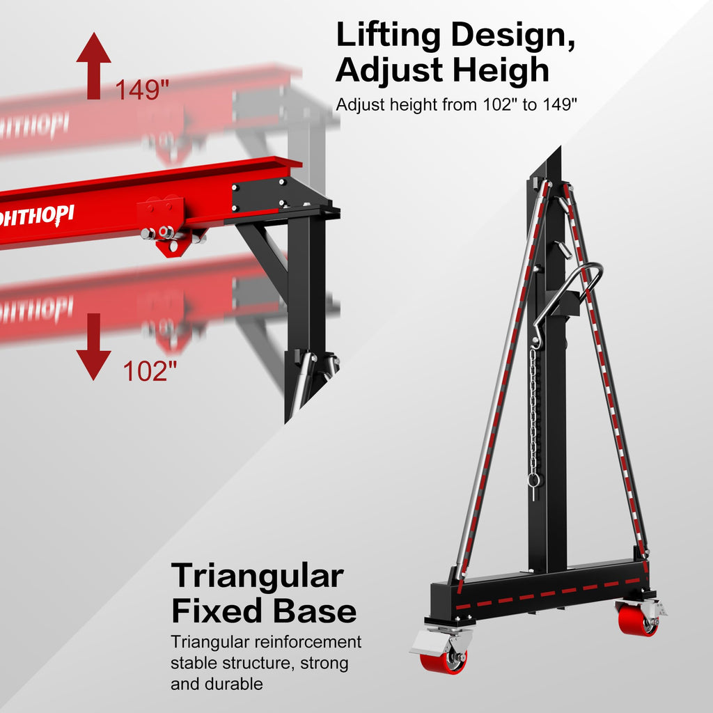 LDHTHOPI 3 Ton Gantry Crane, 6600LBS Adjustable Height 8.53 to 12.47ft with Triangle Base, Portable I-Beam Hoist for Factory, Warehouse, Auto Repair & Construction,Red