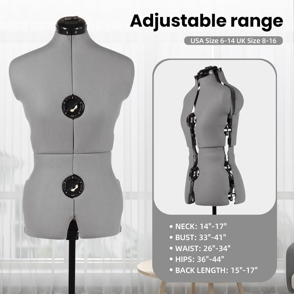 Gray Female Adjustable Dress Form Mannequin Size 6-14